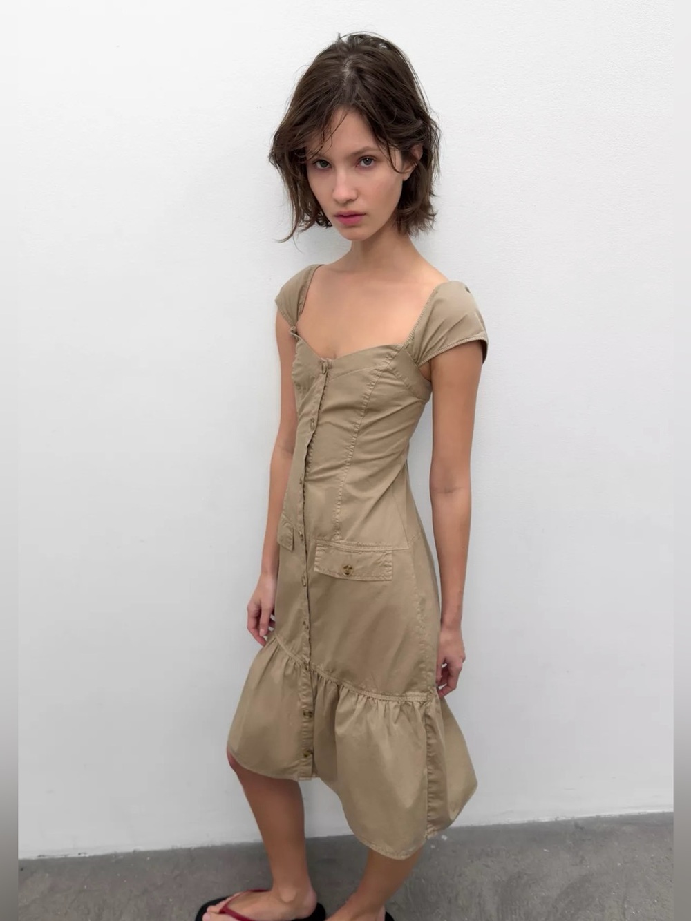 Zara Khaki Button-Front Midi Dress